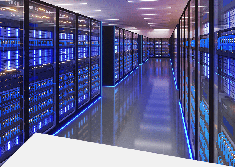 Modern data center with illuminated server racks.