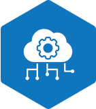 Cloud technology icon with gear and circuits.