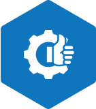 Blue hexagon with gear and thumbs-up icon.