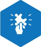 Hand holding puzzle piece icon in blue.
