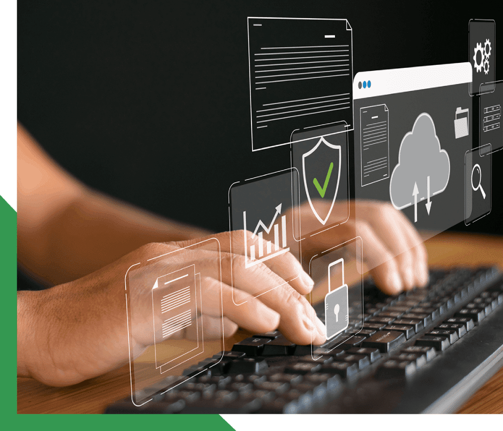 Hands typing with digital security icons overlay.