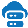 Blue cloud and robot icon on black.