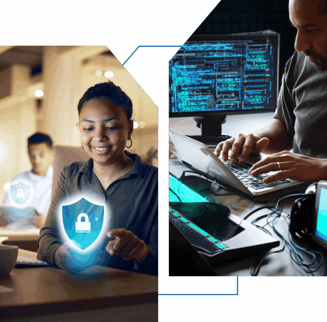 People working on cybersecurity with digital interfaces.