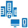 Blue technology and security icons on black.