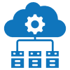 Cloud computing icon with gear and servers.
